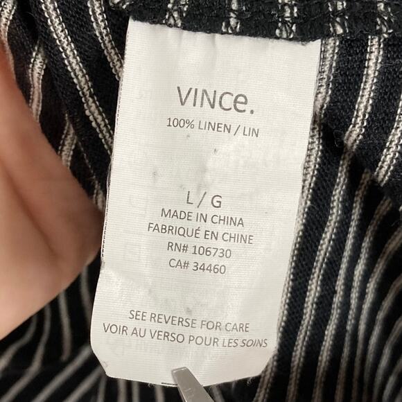 Nwot VINCE Top Women L Linen 100% Black White Stripe Slit-Side Long-Sleeve - Picture 6 of 10